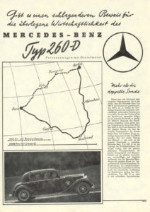 Historische advertentie over de Mercedes Benz W138, de eerste personenwagen met een dieselmotor in het vooronder. Afbeelding: Daimler AG