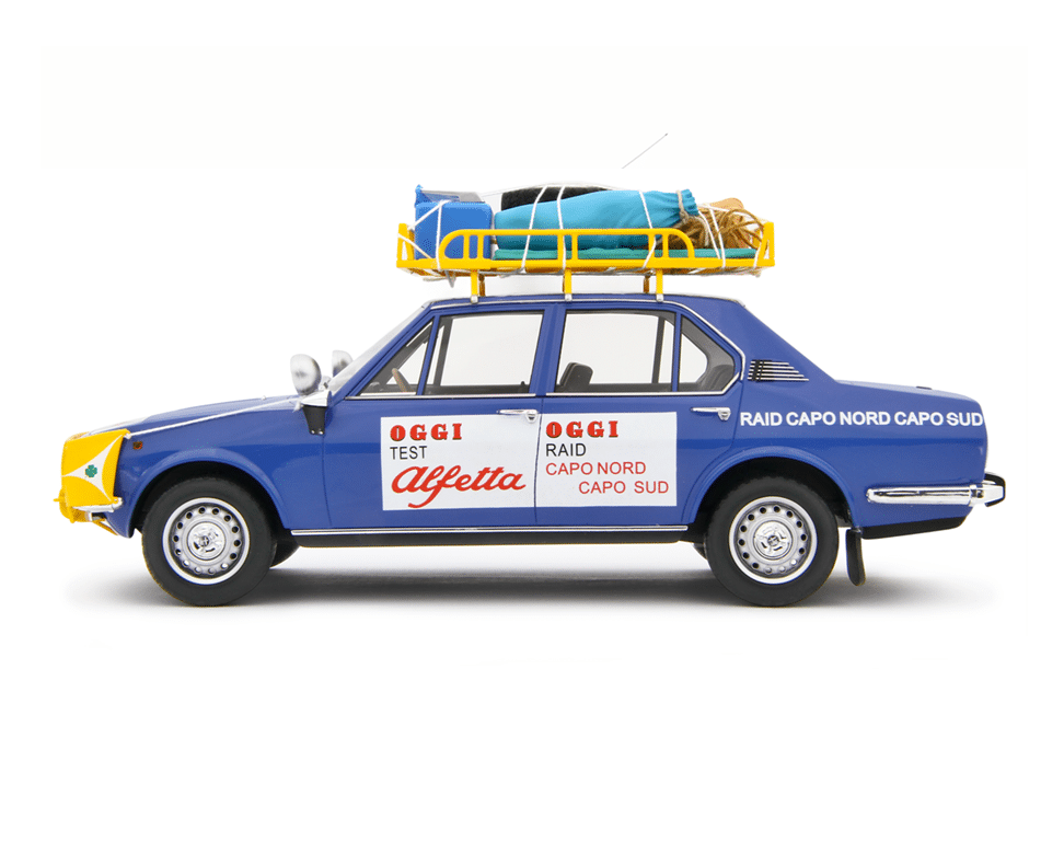 Alfa Romeo Alfetta 'Capo Nord Capo Sud'. Eerbetoon in de schaal 1:18 in aantocht